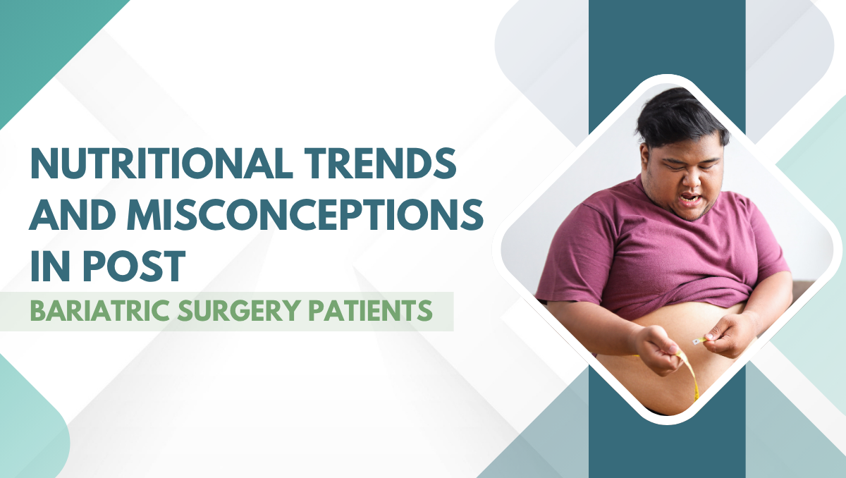 Infographic about nutrition after bariatric surgery; man uses measuring tape on his abdomen.