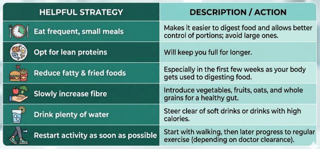 Two-column infographic titled Helpful Strategy showing six health tips with icons and actions: eat frequent small meals; opt for lean proteins; reduce fatty and fried foods; slowly increase fibre; drink plenty of water; restart activity as soon as possible.