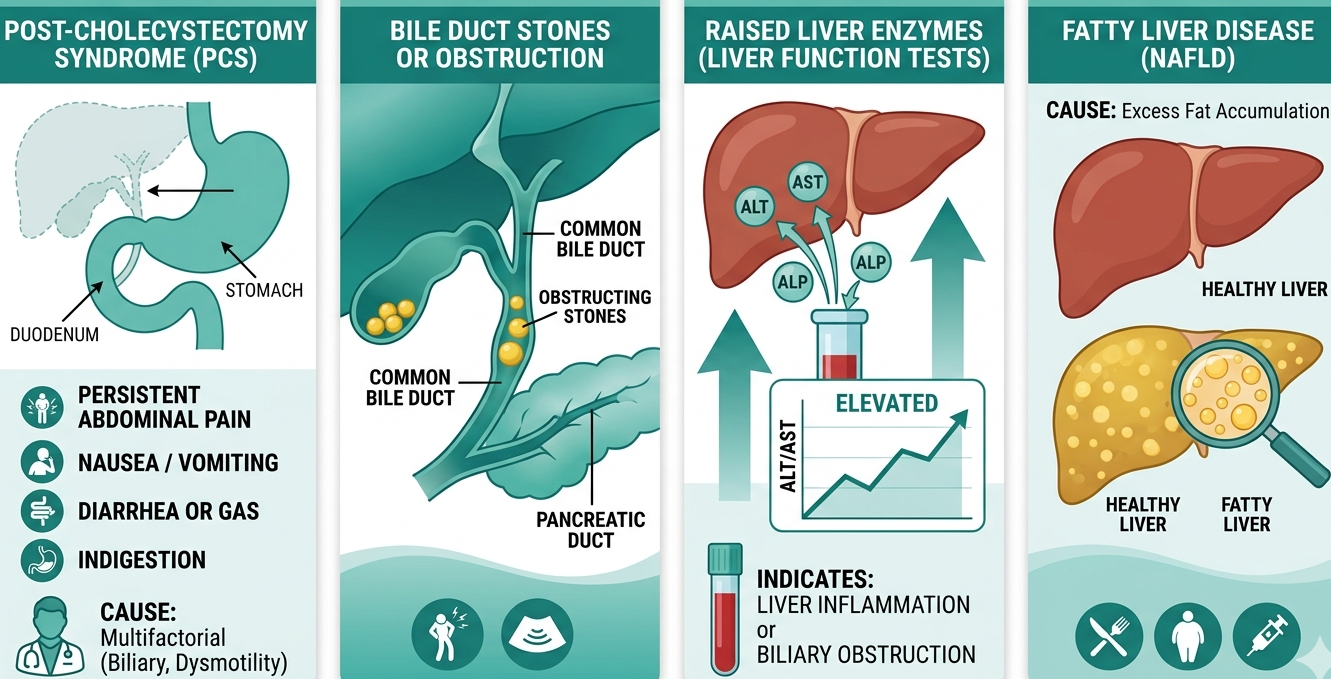 Infographic showing four panels on liver health: post-cholecystectomy syndrome anatomy, common bile duct stones, elevated liver enzymes with a chart, and fatty liver disease with healthy vs fatty liver visuals.