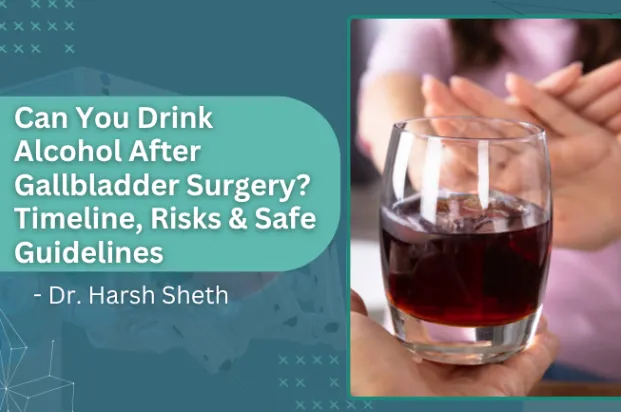 Informational banner about drinking after gallbladder surgery, showing a glass of red wine beside the title text.