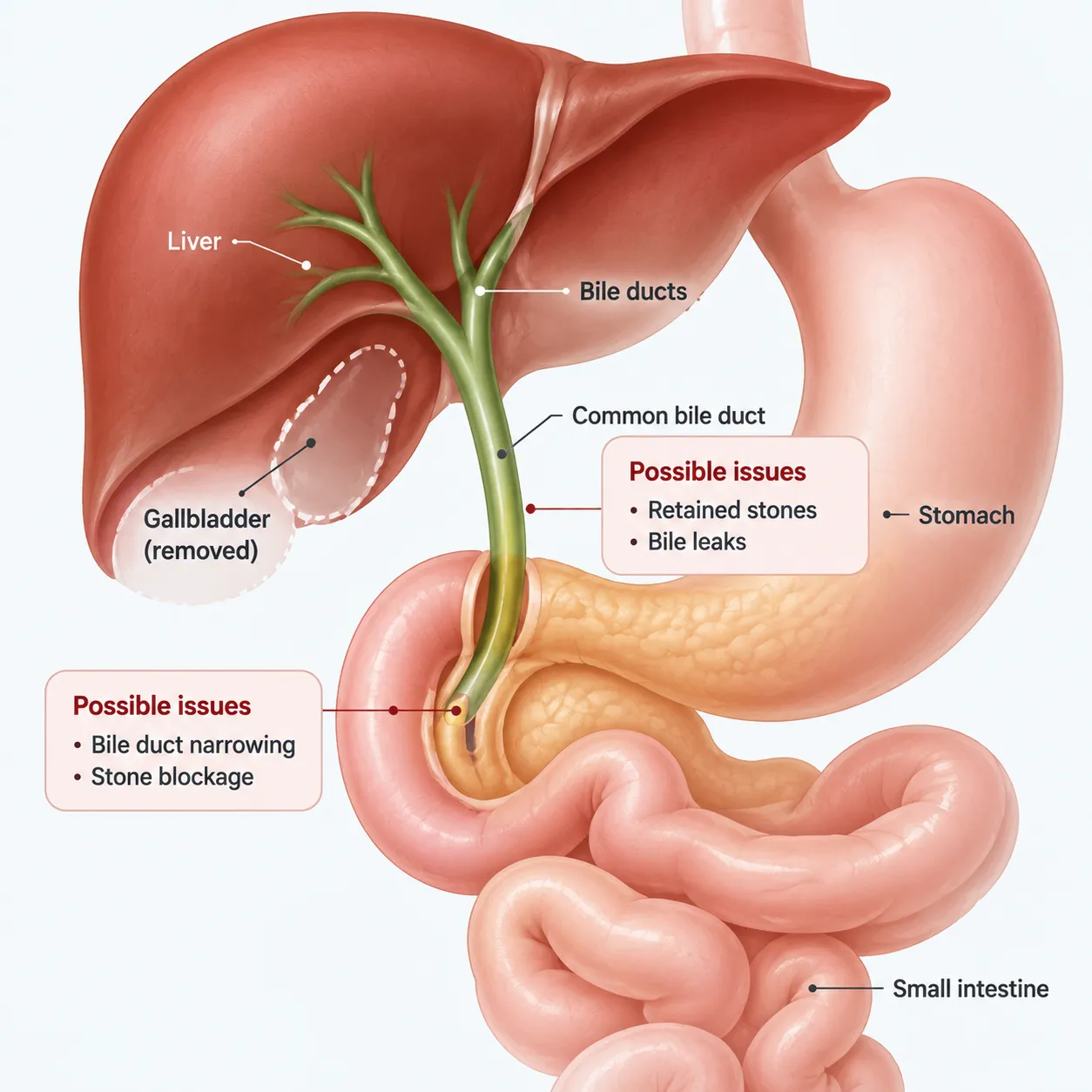 Causes of pain after gallbladder removal showing bile ducts and digestive system - Harsh Seth New Anatomical diagram of the liver and biliary system showing a removed gallbladder and bile ducts.