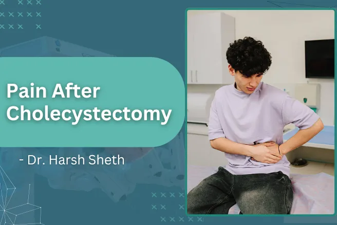 Thumbnail for a talk: man clutching his abdomen in a clinic, with the title 'Pain After Cholecystectomy' and 'Dr. Harsh Sheth' overlaid.
