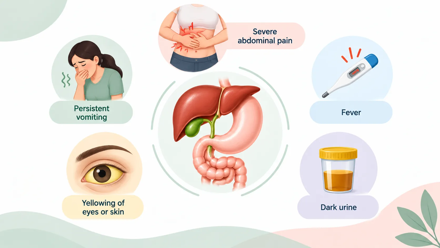 Infographic showing liver and digestive organs with symptoms: persistent vomiting, severe abdominal pain, fever, dark urine, and jaundice (yellow eyes/skin).
