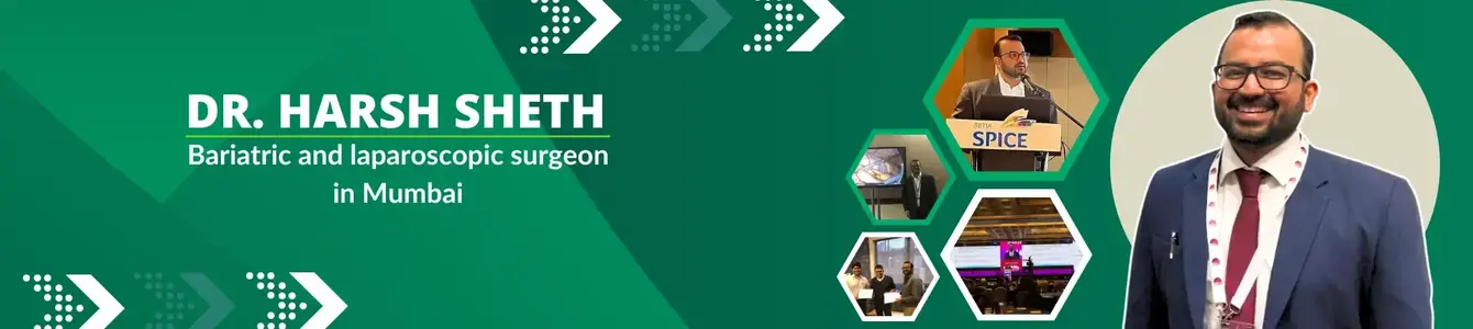 imgi_4_Harsh-sheth-home-page-banner 1 - Harsh Seth New Banner introducing Dr. Harsh Sheth, bariatric and laparoscopic surgeon in Mumbai, featuring a hexagonal photo collage and a portrait in a suit.